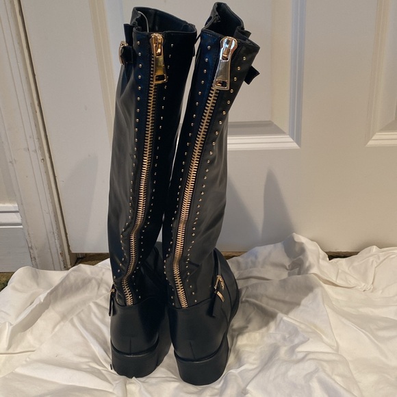 Black Knee-High Boots with Gold Buckles, Studs and Zipper - Picture 3 of 5